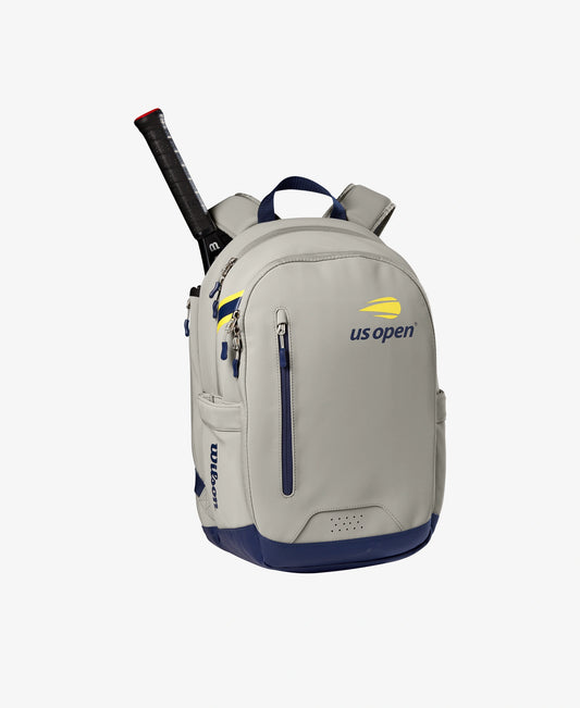 The Wilson US Open Tour Backpack in grey, blue and yellow available for sale at GSM Sports.     